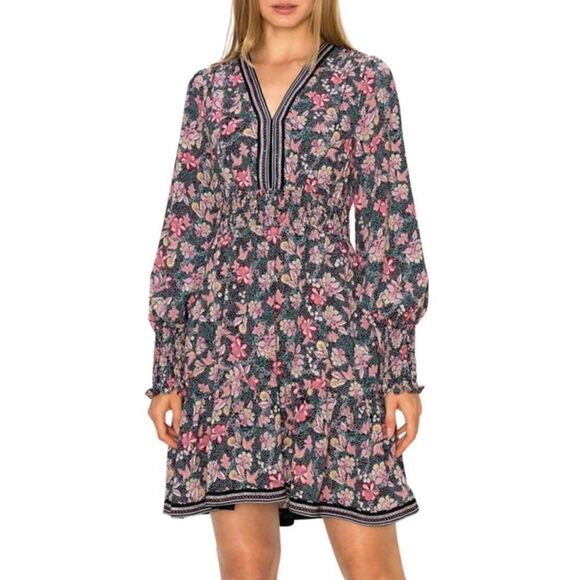 Melloday Long Sleeve Contrast Trim Printed Mini Dress in Tea Pink Floral, XS - Picture 1 of 10